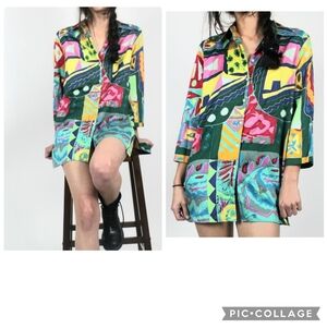 Lauren Ralph Lauren Tunic Cotton Colorful Multicolor Abtract Button Front Top M